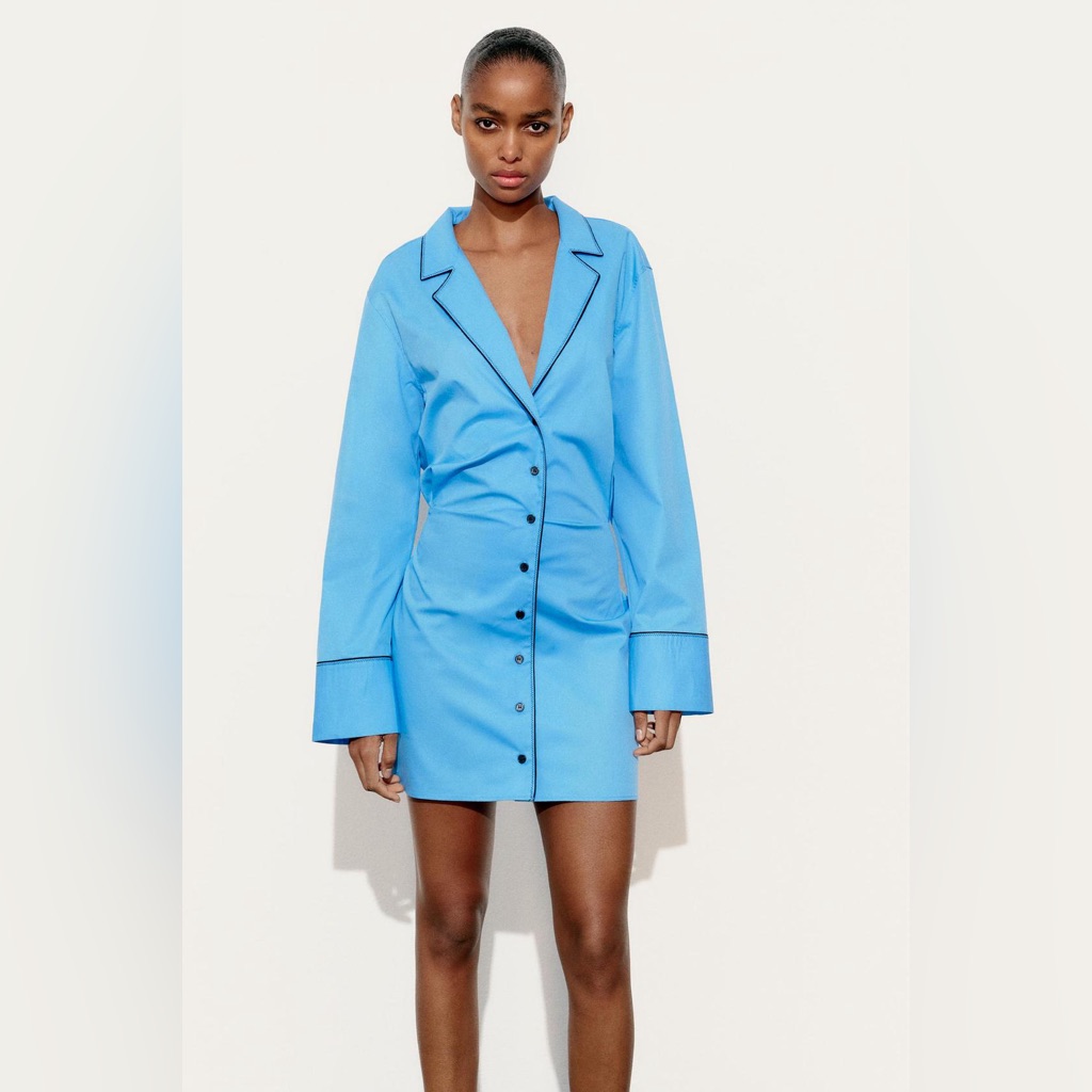 Nwt Zara Short Blue Button Up Long Sleeve Gabardine Contrast Trim Dress Sz S